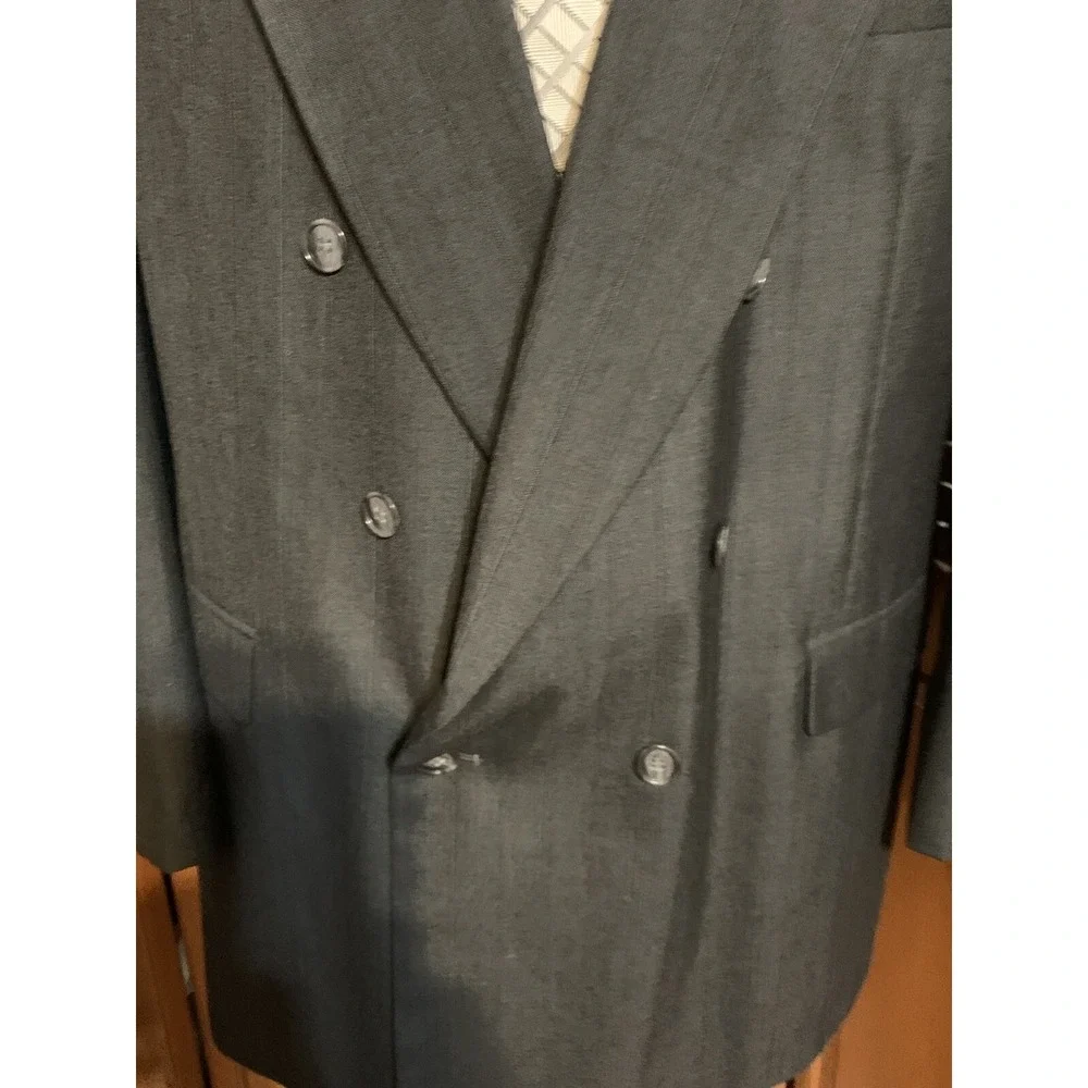 Vtg 80s Charcoal Gray Double Breast Sports Coat 46L Barrington Blue Pinstripe